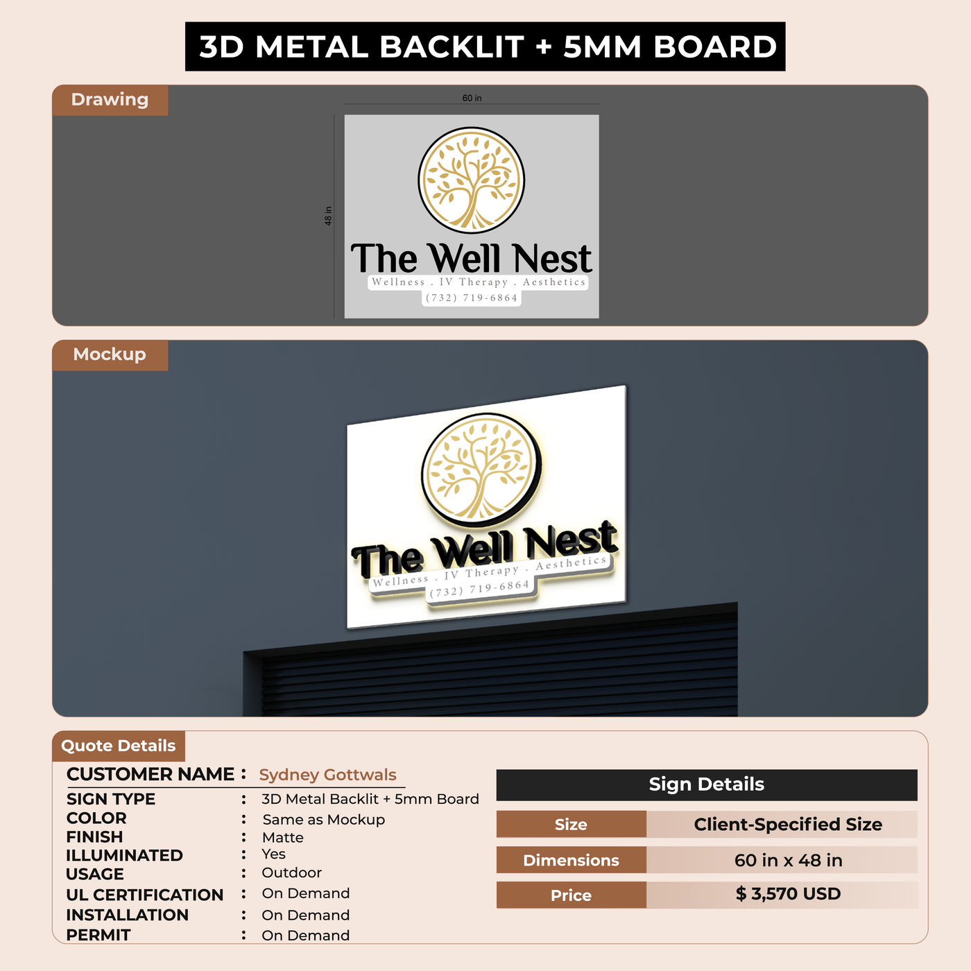 3d metal backlit with backboard for Sydney Gottwals