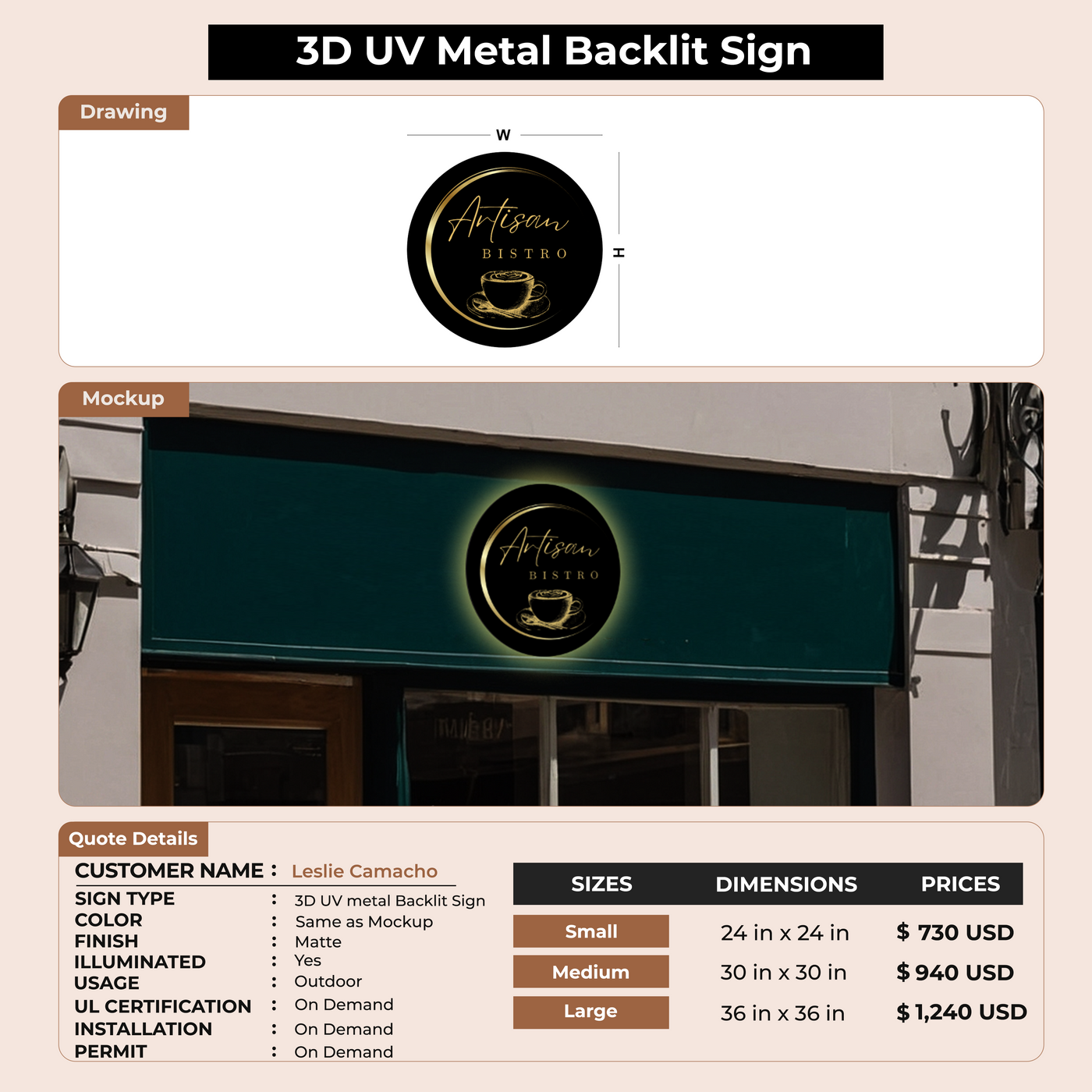 3D UV metal Backlit Sign  for Leslie Camacho