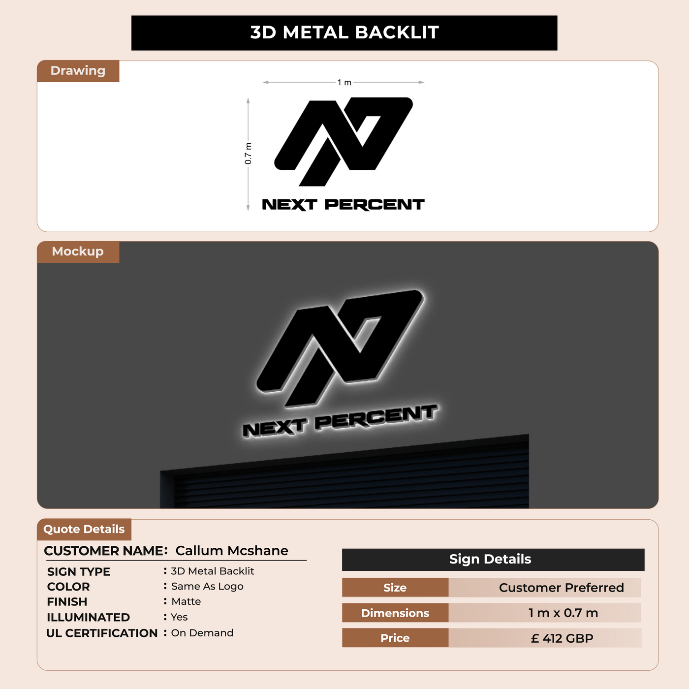 3D metal Back-lit For Callum Mcshane