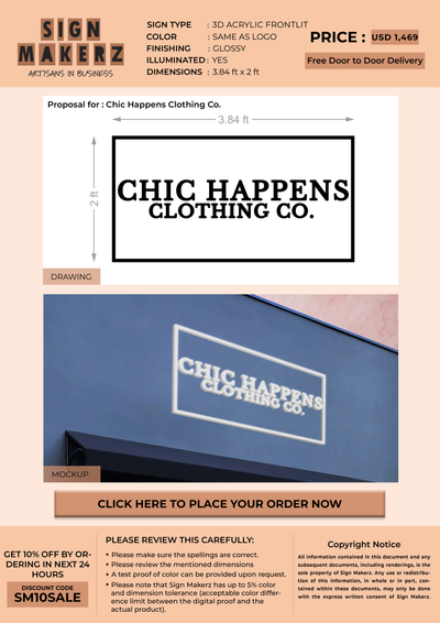 3D Acrylic Frontlit Sign for Chic Happens Clothing Co.