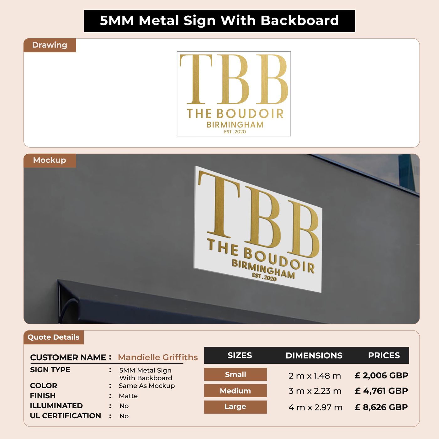 5mm metal with backboard for Mandielle Griffiths