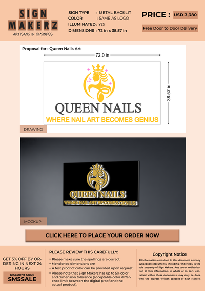 3d Metal backlit with backboard sign for Queen Nails Art