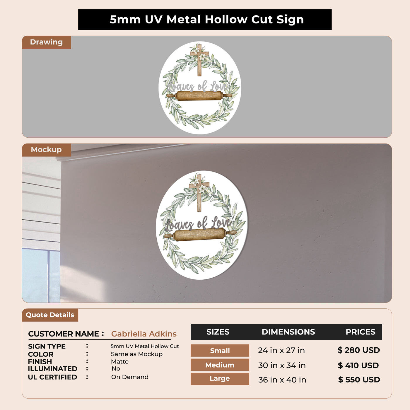 5mm UV Hollow Cut Sign for Gabriella Adkins