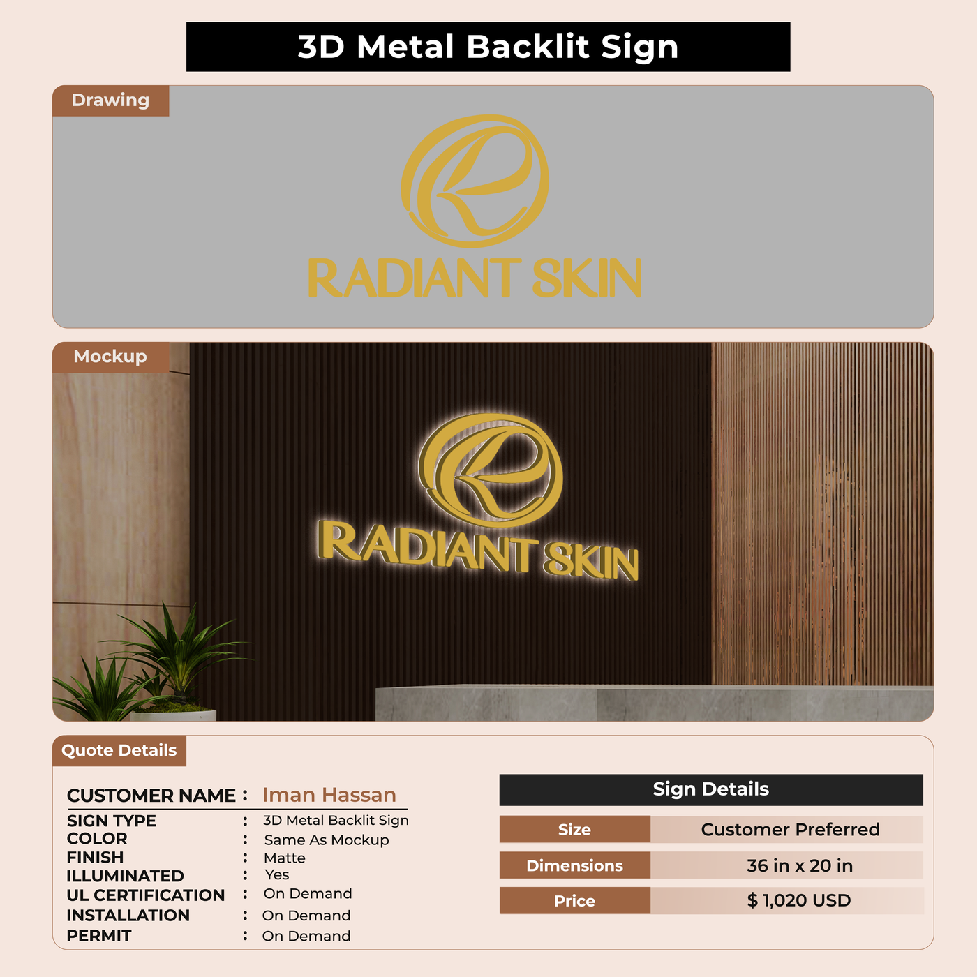 3D Metal Backlit sign for Iman hassan