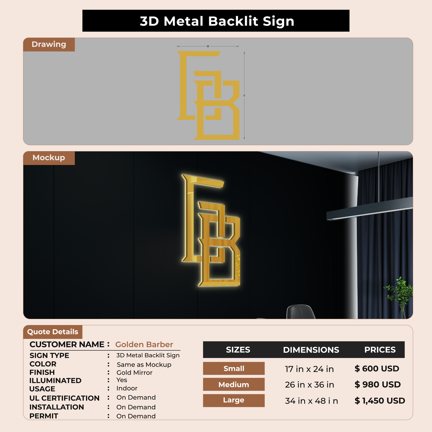 3D Metal Back-lit Sign For Golden Barber