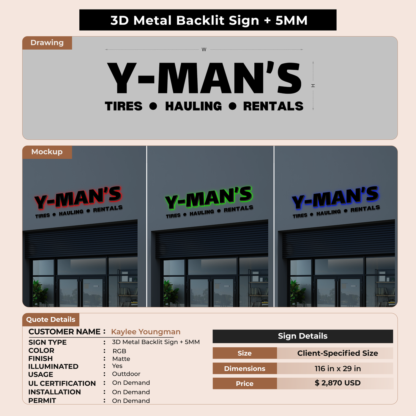 3D Metal Backlit Signs for Kaylee Youngman