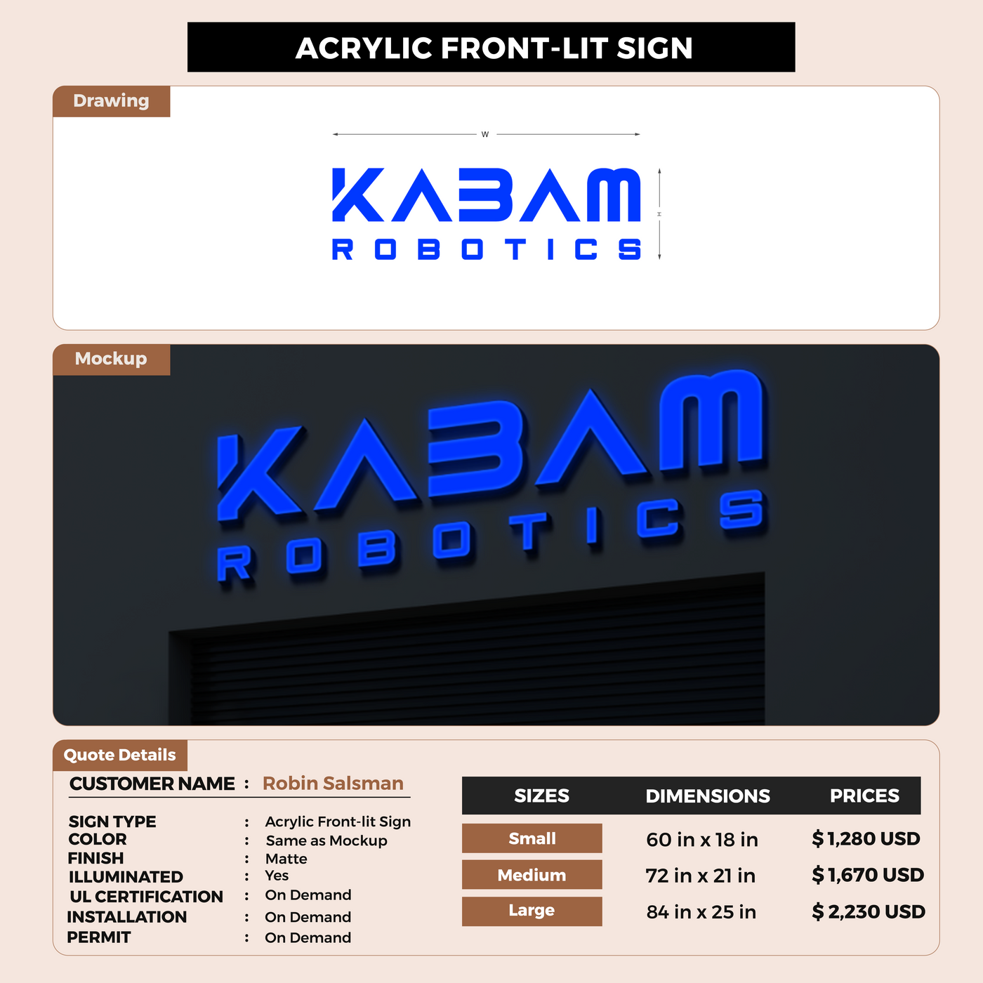 3D  Acrylic Front-lit Sign For Robin Salsman