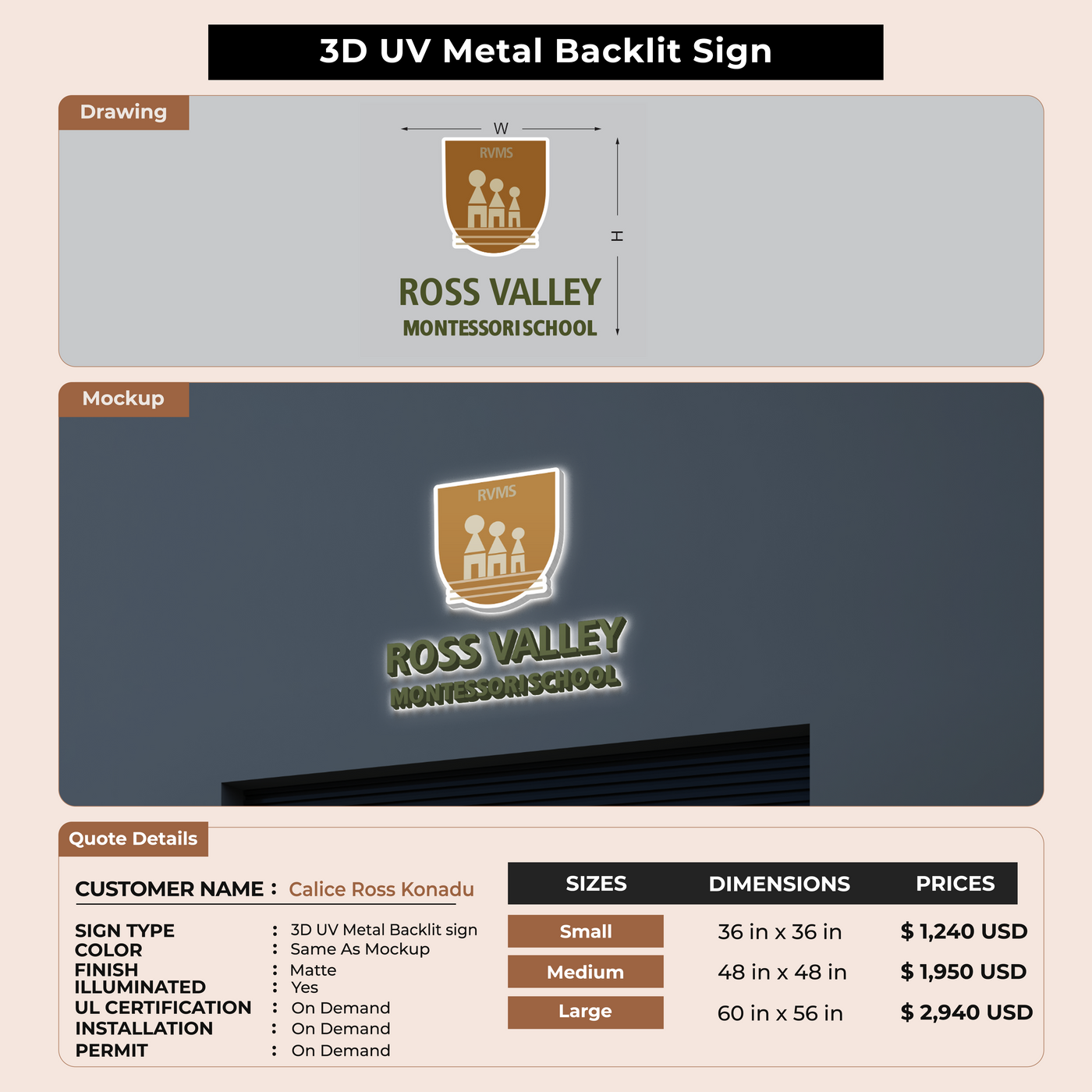 3D UV Metal Back-lit Sign For Calice Ross Konadu