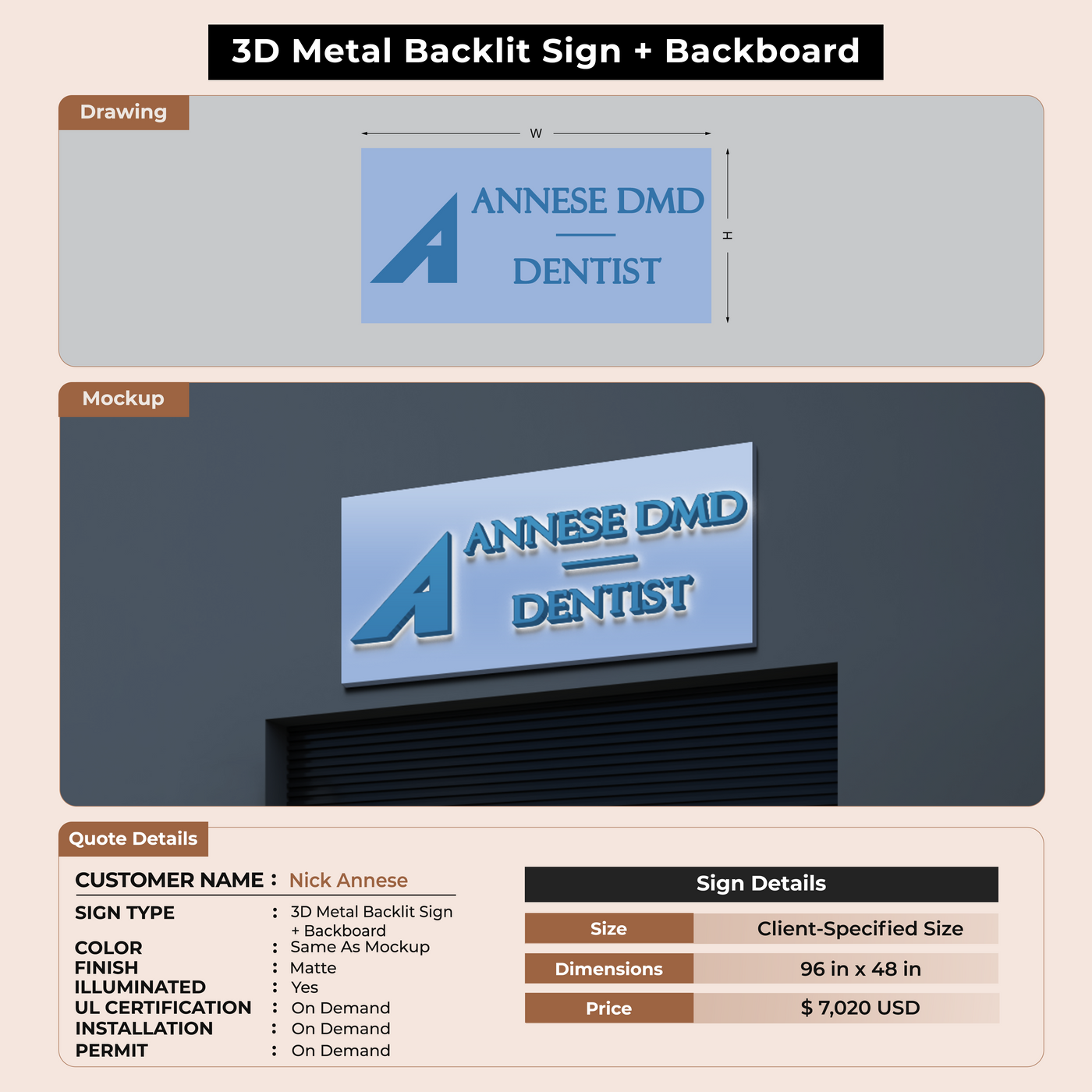 3d metal backlit with backboard for Nick Annese