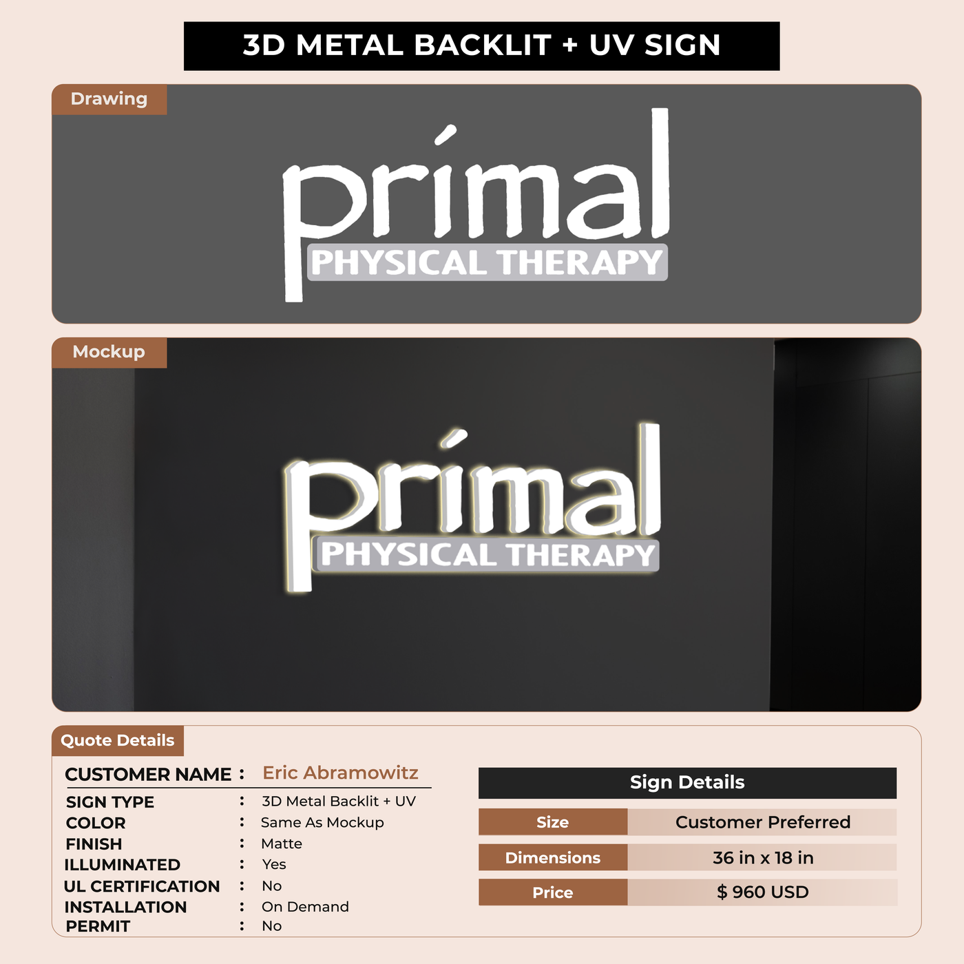 3D UV Metal Backlit Sign for Eric Abramowitz