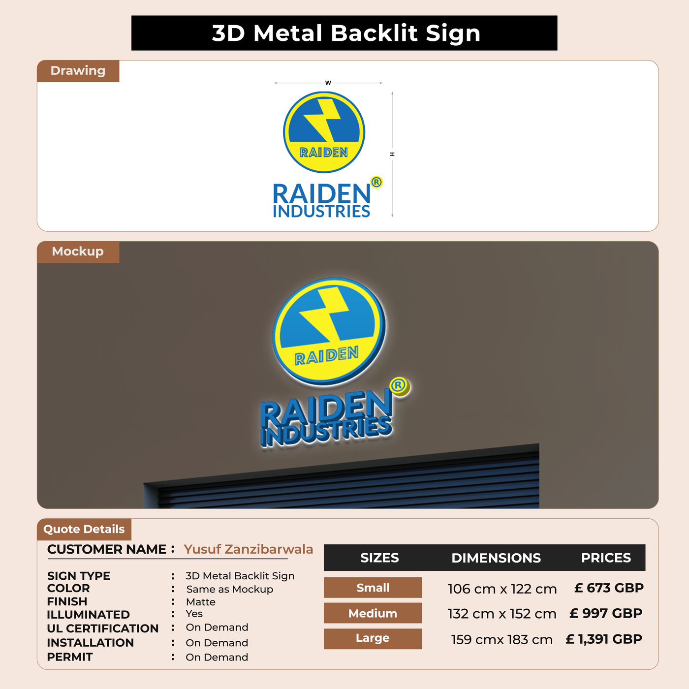 3D Metal Back-lit Sign For Yusuf Zanzibarwala