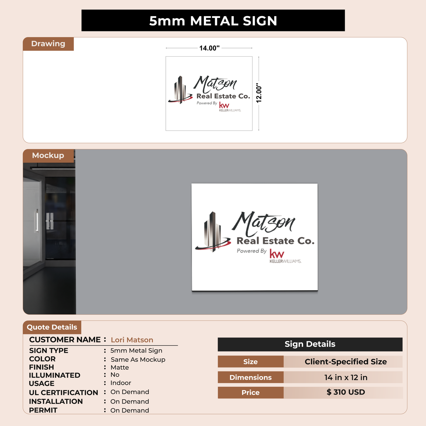 5mm metal sign for Lori Matson