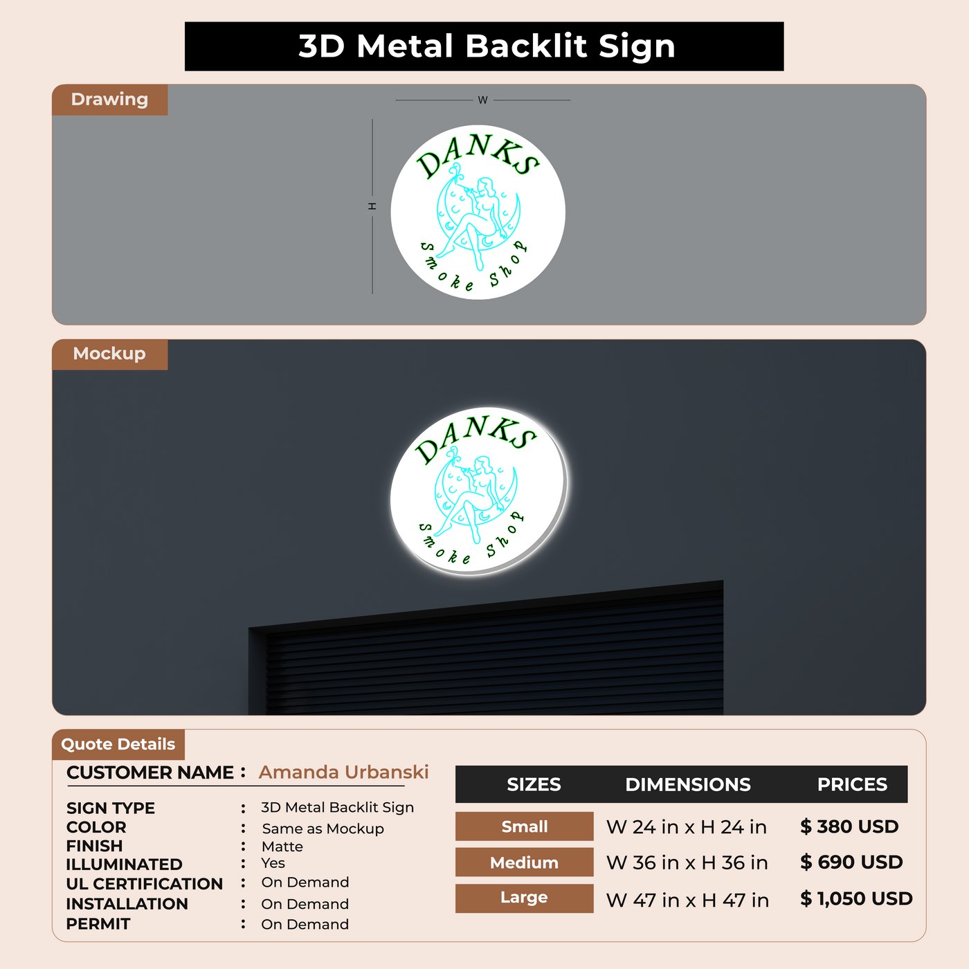 3D Metal Backlit Sign for Amanda Urbanski