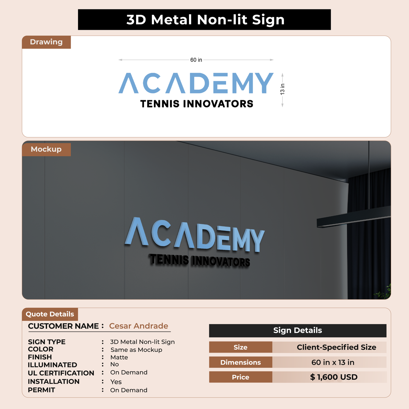 3D Metal Non-lit Signs For Cesar Andrade