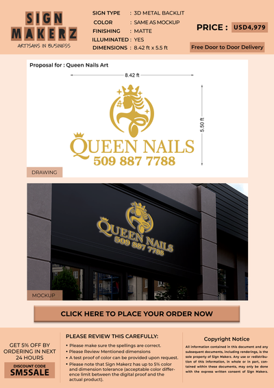 3D Metal Backlit Sign For Queen Nails Art