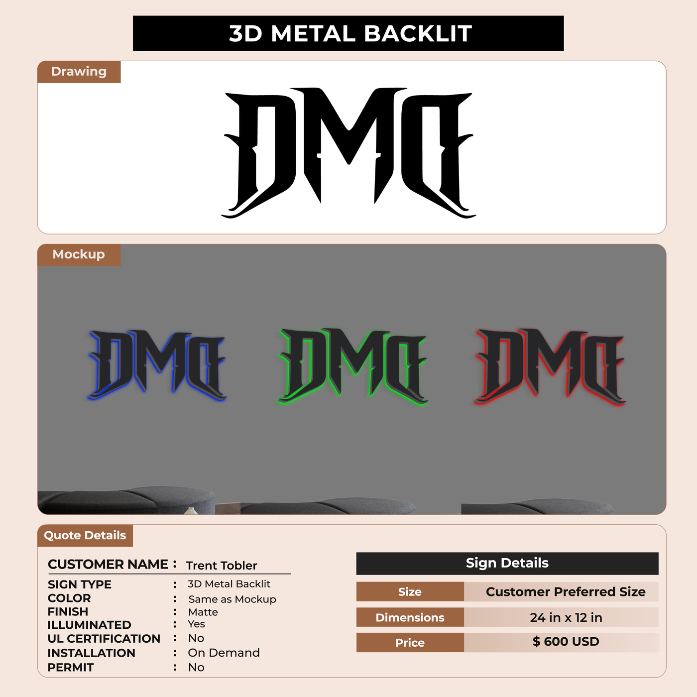 3D Metal Backlit Sign for Trent Tobler