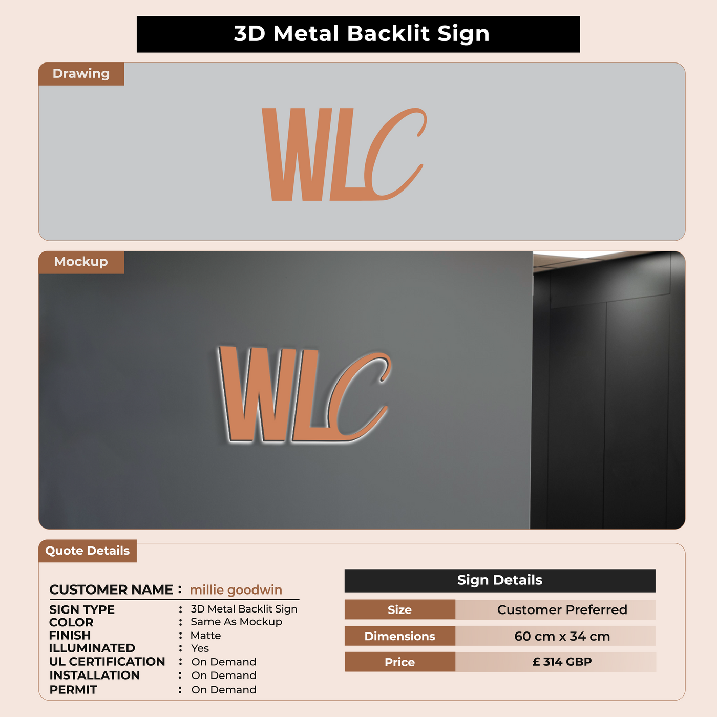 3D UV Metal Backlit Sign For millie goodwin